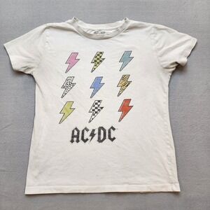 AC/DC Lightning Bolt Graphic T-Shirt Off-White Band Tee Women Small